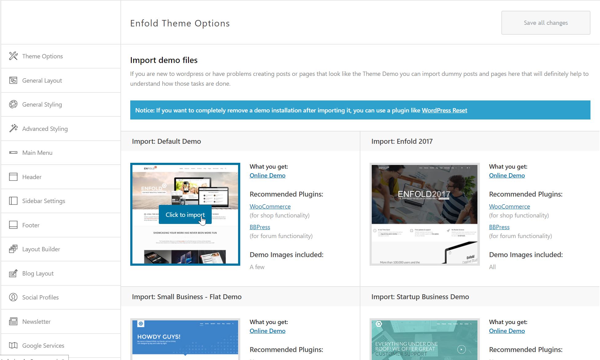 Enfold Demo Setup Screen
